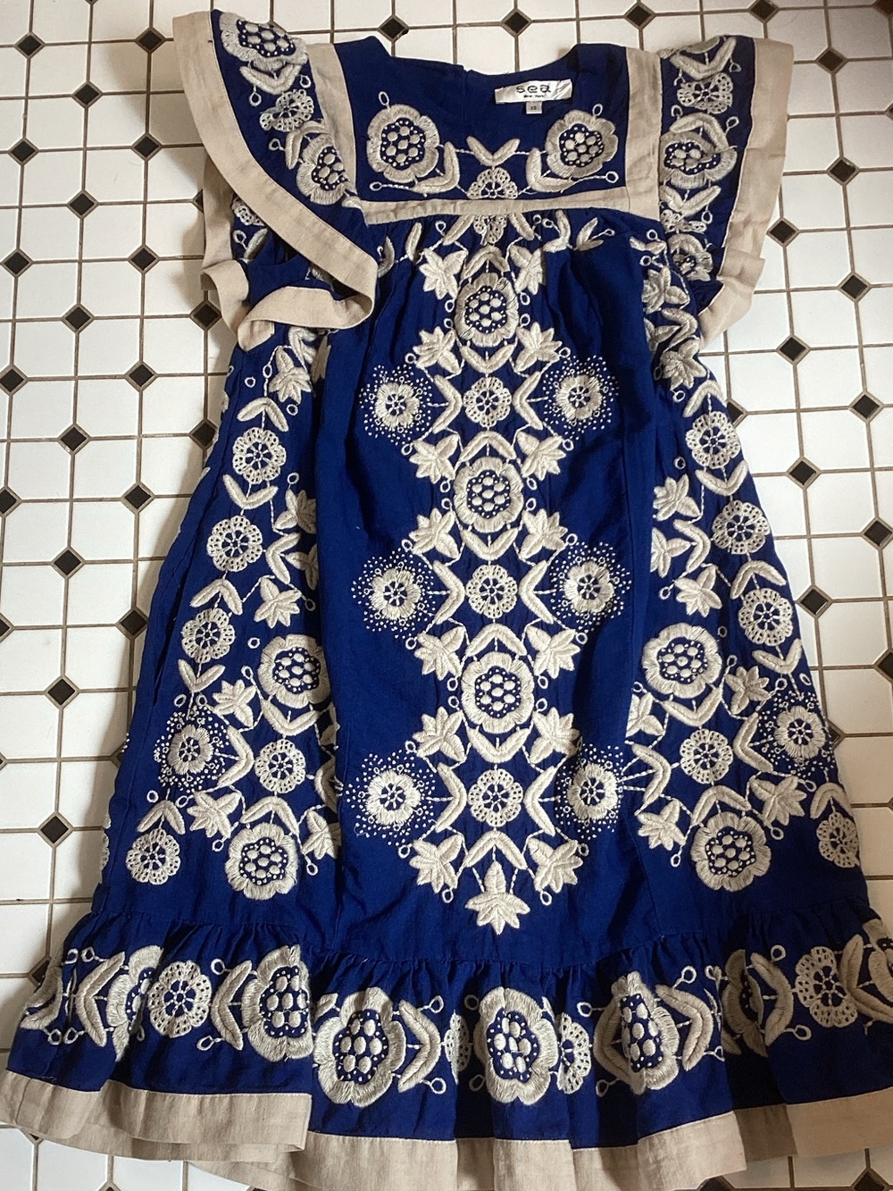 Sea New York Embroidered Royal Blue Dress with Cream Trim